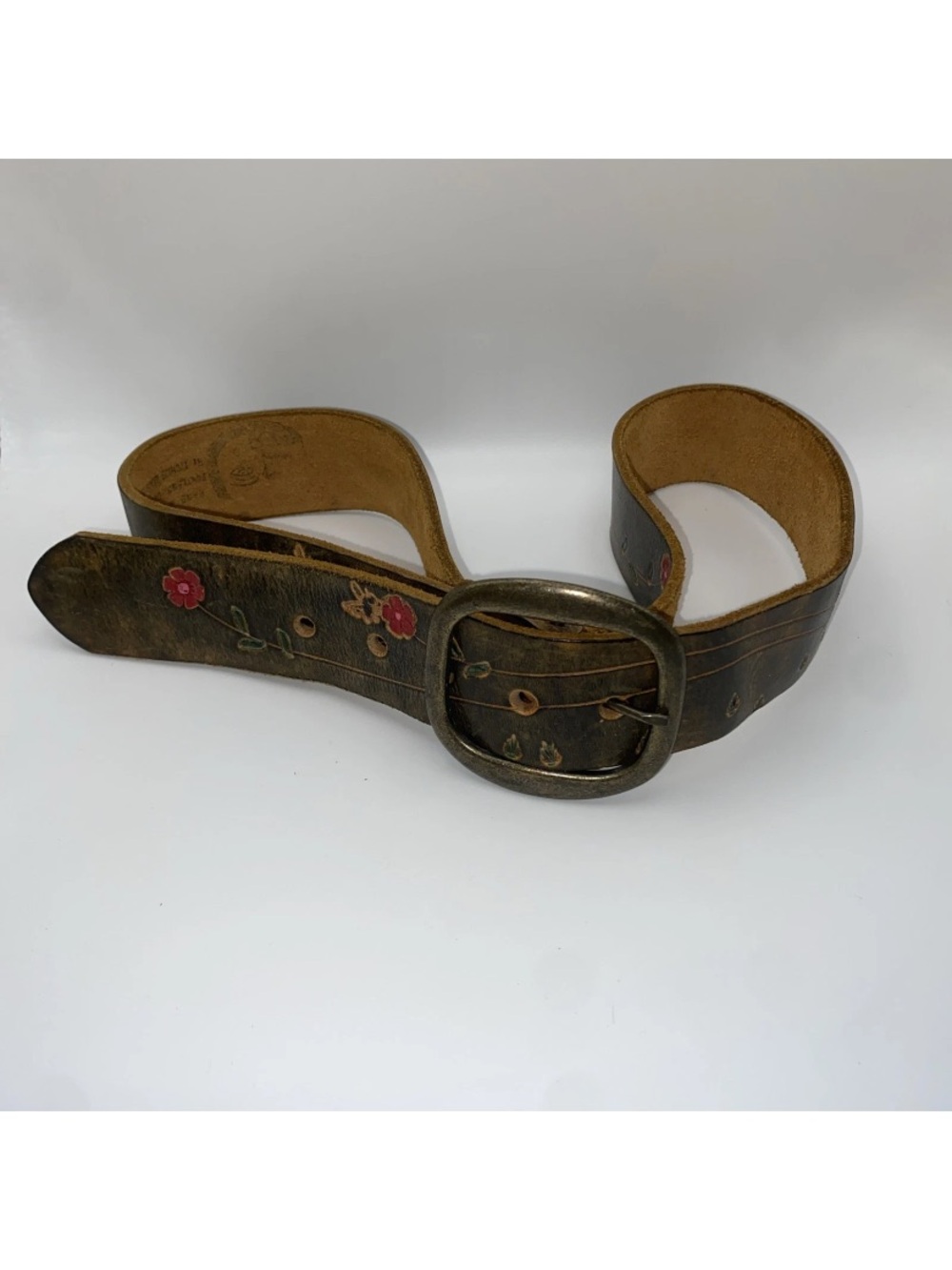 Vintage TYCHIOS LEATHER Belt-Brass Buckle-Hand Tooled/Painted-SZ 34-Portland, OR - Picture 9 of 9